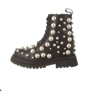 Moschino Black Leather Boots with Pearl Details